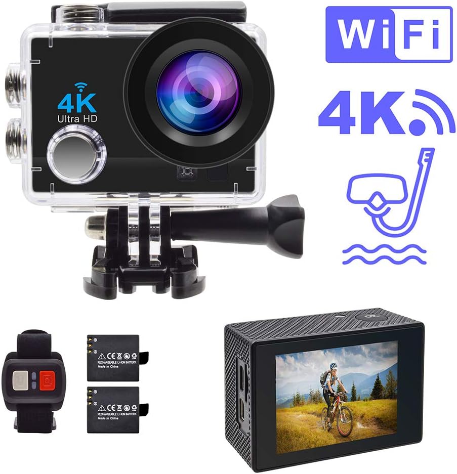 Accfly Action Camera, 4K WiFi Waterproof Sports Camera 170° Wide Angle Lens Action Cam 30M Underwater Camera with 2.4G Remote Control, 2.0'' LCD Screen, 2 Batteries and Mounting Accessories Kits
