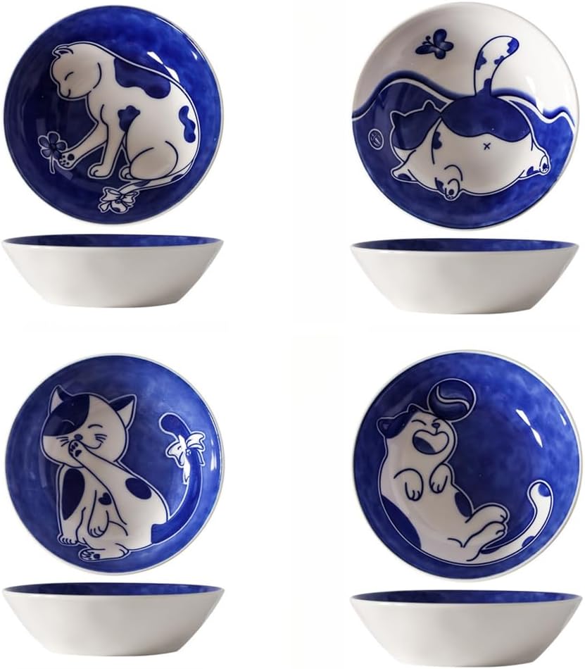 Cute Cat Flavored Dish Ceramic Round Seasoning Tableware Vinegar Dipping Snack Dessert (4-piece set)