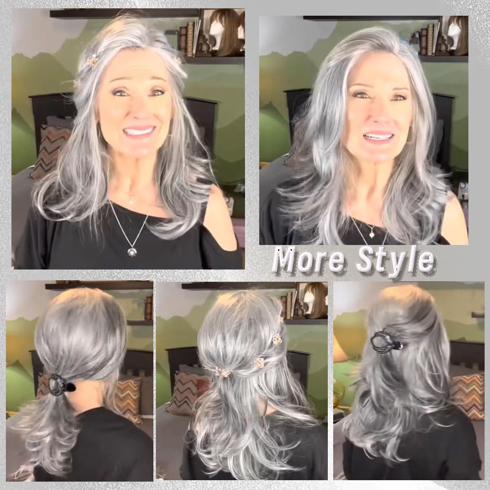Pelucas largas en capas grises para mujer, pelucas onduladas plateadas, pelucas de cabello sintético natural para uso diario en fiestas 6