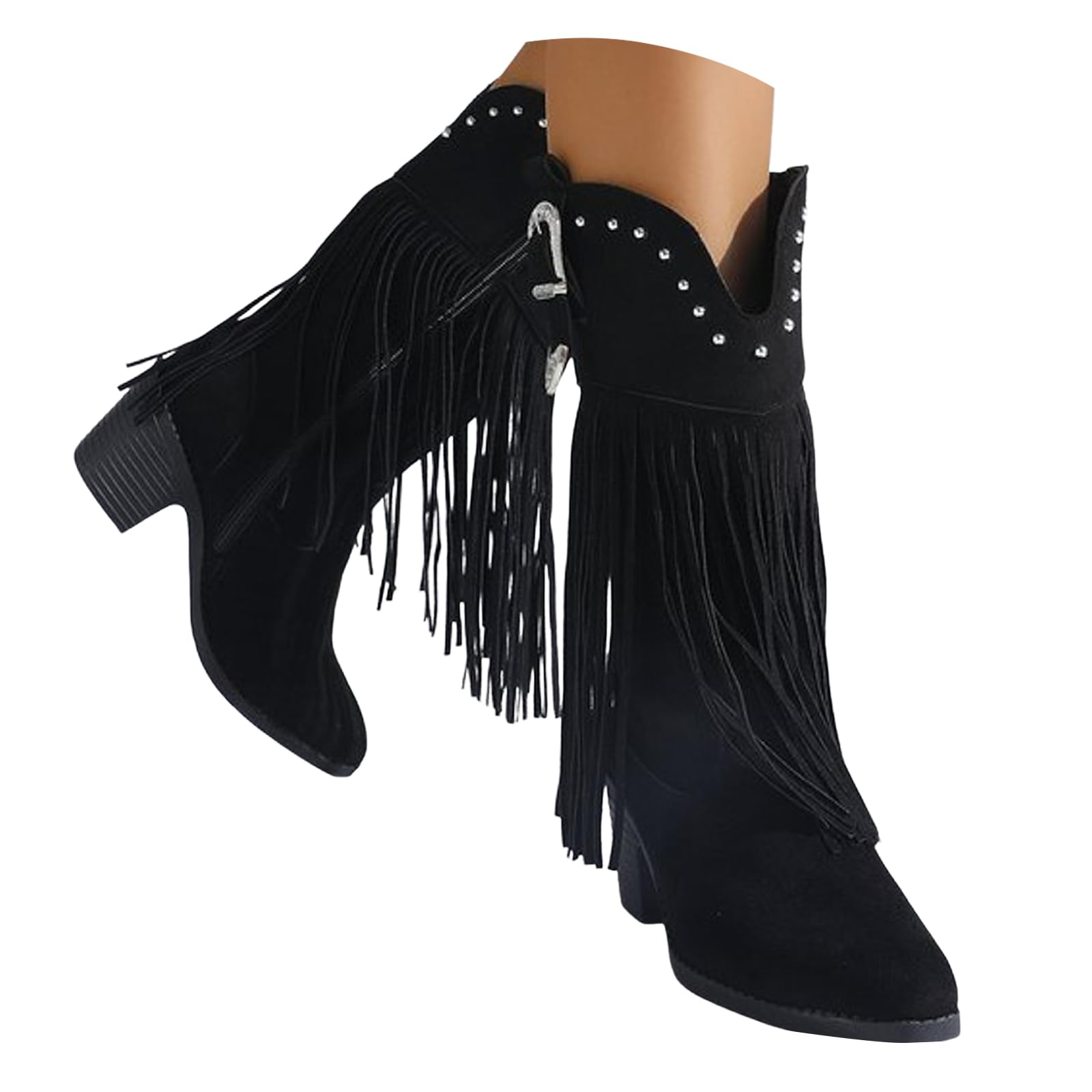 Fringe Cowboy Boots for Women Mid Calf Cowgirl Boots with Studded Womens Snip Pointed Toe Chunky Heel Western