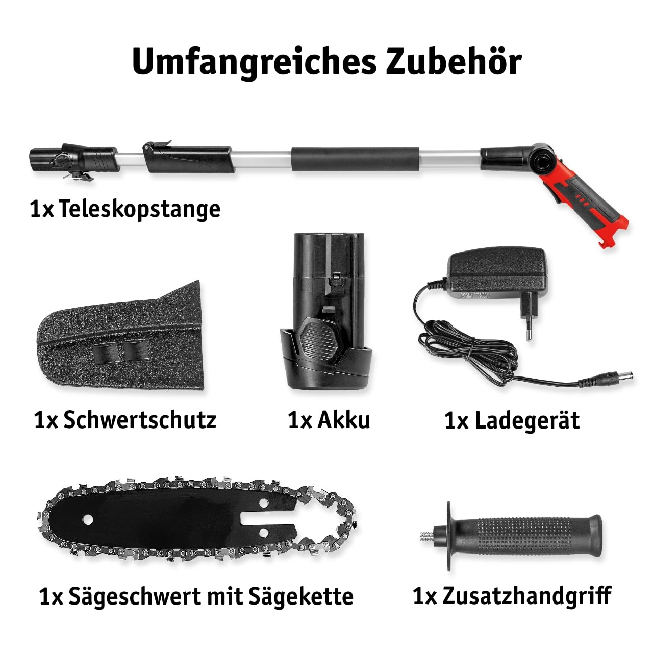 WALTER Kompakter Hochentaster. Verstellbare Teleskopstange. 12V Li-Ion Akku, Ladegerät und Zubehör. Stufenlose Höhenverstellung 155 und 220 cm. Mini Kettensäge, 95mm Schnittlänge, Brushless Motor
