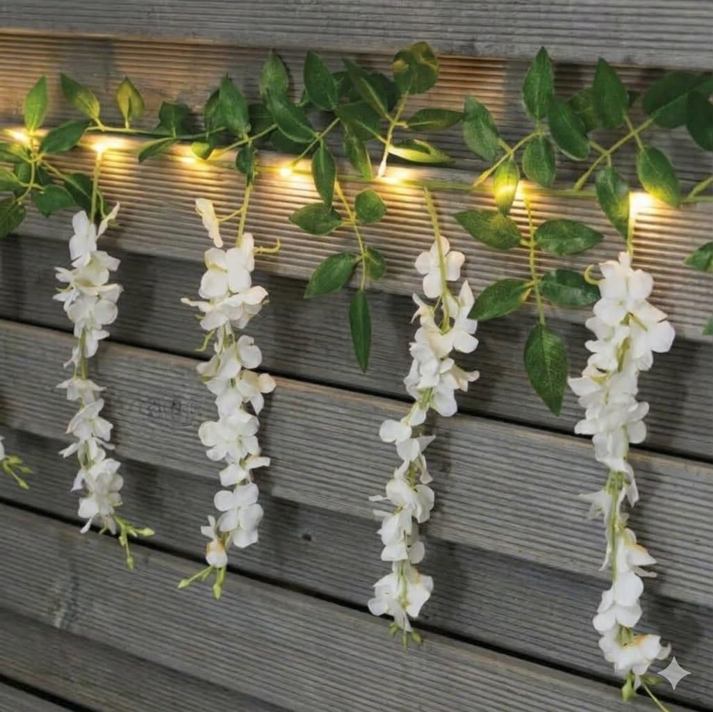 Gem Imports White Wisteria Solar Light Garland 1.8M - Garden Trailing Flower Light - Warm White Lights - Decorative Outdoor Flower Light - Pergola Light, Fence Light.