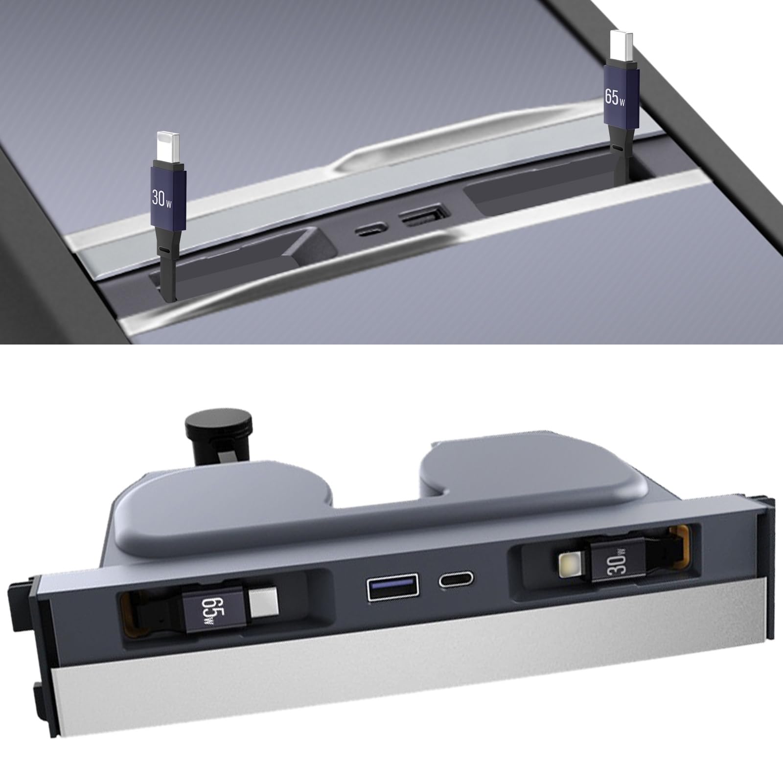 Hub di ricarica USB compatibile con Tesla Model 3 Highland 2024-2025/Model Y Juniper 2025+, 65W Caricabatterie per telefono retrattile a 4 porte Cavi di ricarica rapida per console centrale