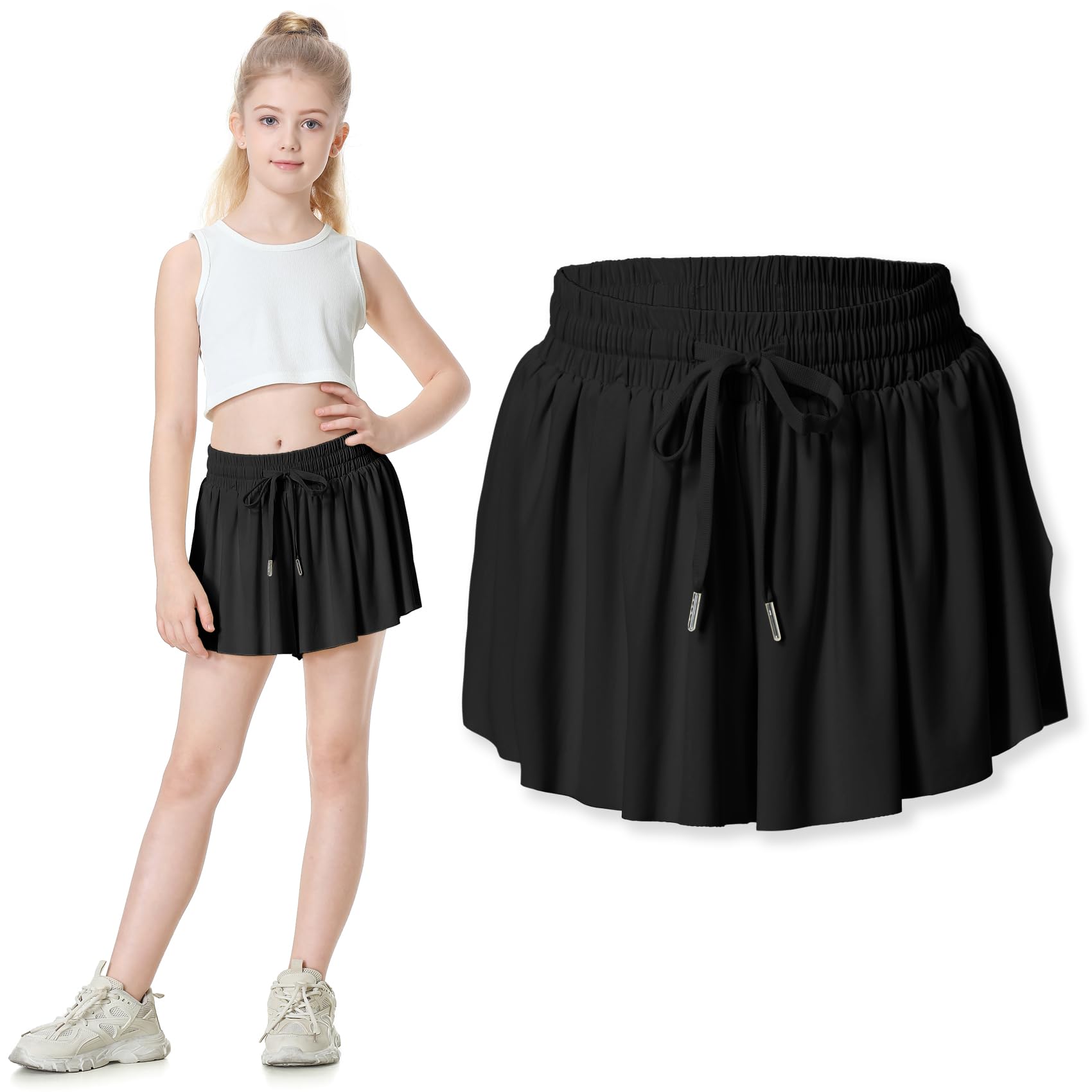 Two Inches Extended Butterfly Shorts Girls Flowy Shorts, 2-in-1 Youth Girls Athletic for Fitness, Running, Sports