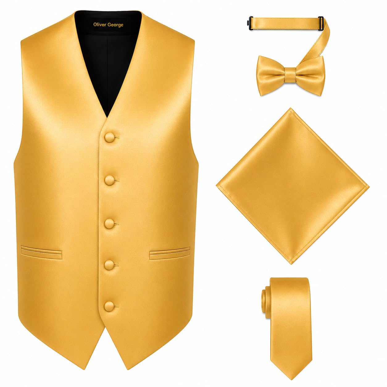 Oliver George 4pc Men's Solid Formal Suit Waistcoat Tuxedo Dress Vest Necktie Bowtie Handkerchief Set for Suit or Tuxedo