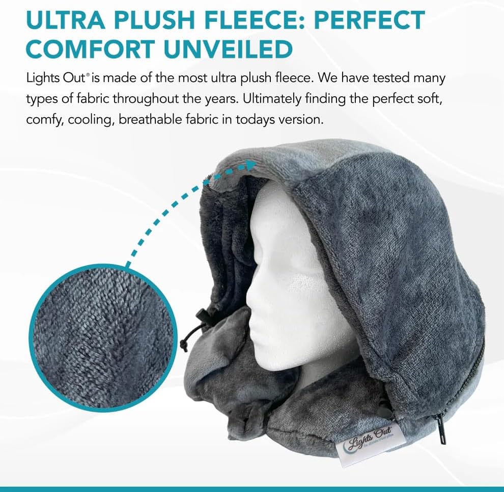 Lights Out Hooded Travel Pillow - Memory Foam Neck Support with Germ Shield Hood for Airplane Sleep Privacy, Ultra Plush Fleece, Micro Air-Fiber Beads, Chiropractor Recommended (Adjustable)