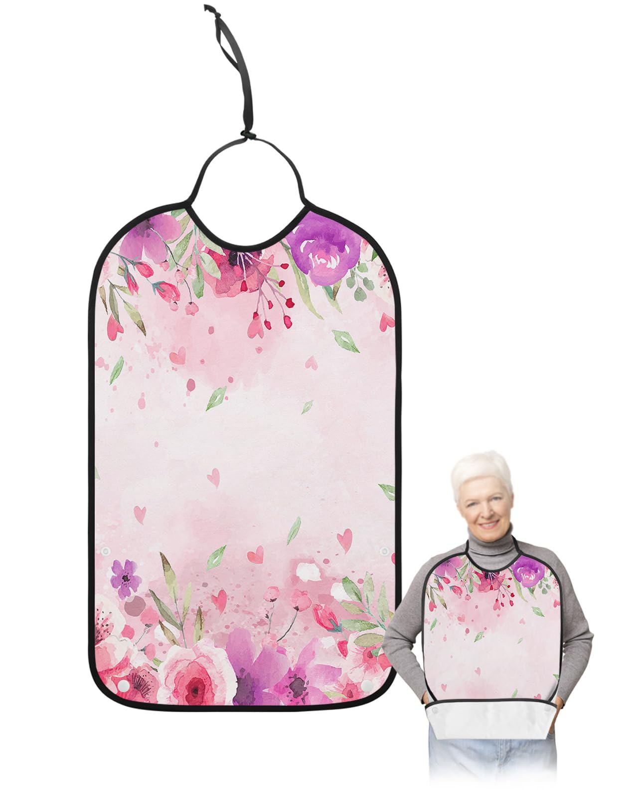 LEOKOTI Pink Valentines Adult Bibs for Eating, Waterproof Bibs with Food Catcher & Adjustable Snap Closure, Watercolor Spring Floral Botanical Washable Clothing Protectors Adult Bibs for Elderly