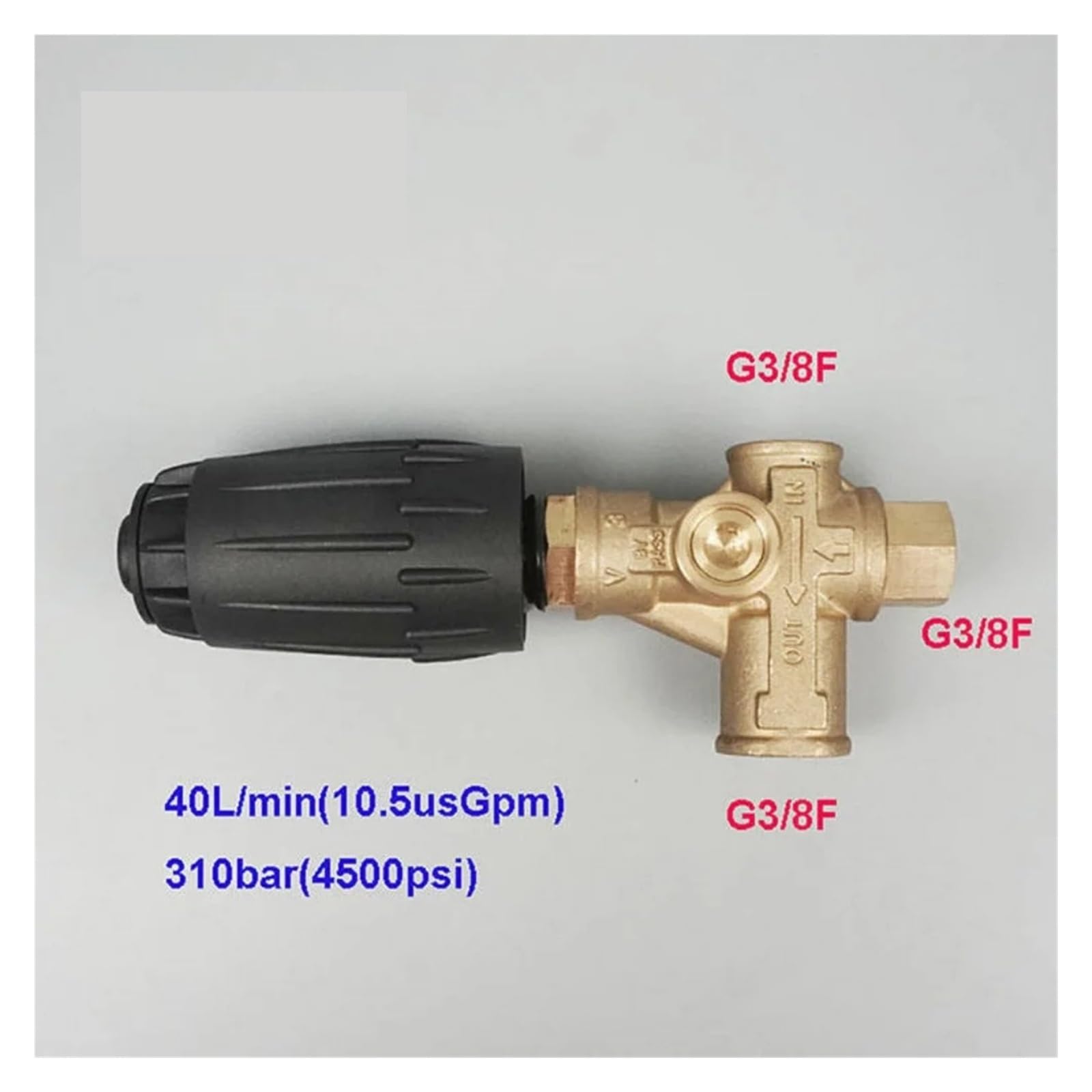 Boquilla G3/8F Hidrolavadora De Latón VRT3 De 4500 PSI Y 40 L/min, Válvula De Descarga Ajustable, Color Negro, Perilla De Ajuste