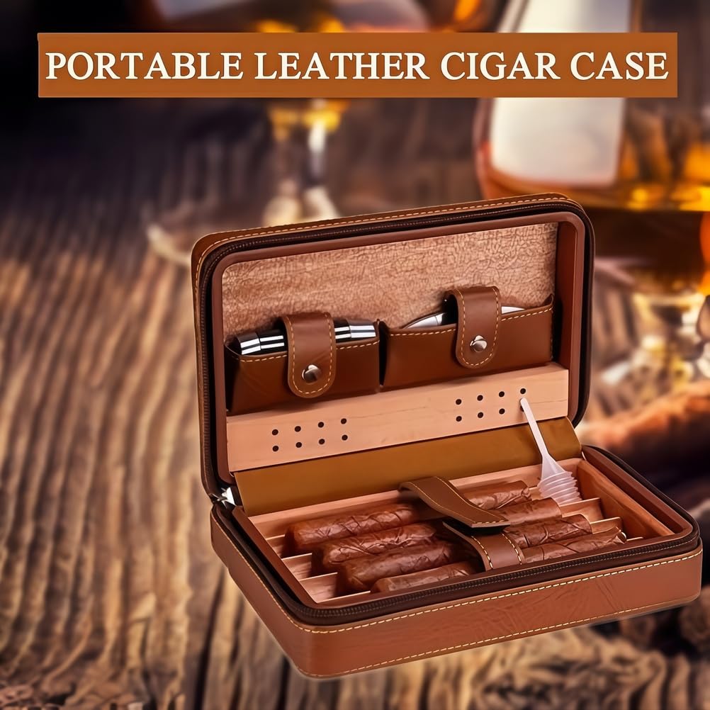 Custodia portatile per sigari in pelle con cerniera e rivestimento in legno di cedro – Contiene fino a 4 sigari – Regalo di lusso per compleanno o festività per padre, marito, uomini