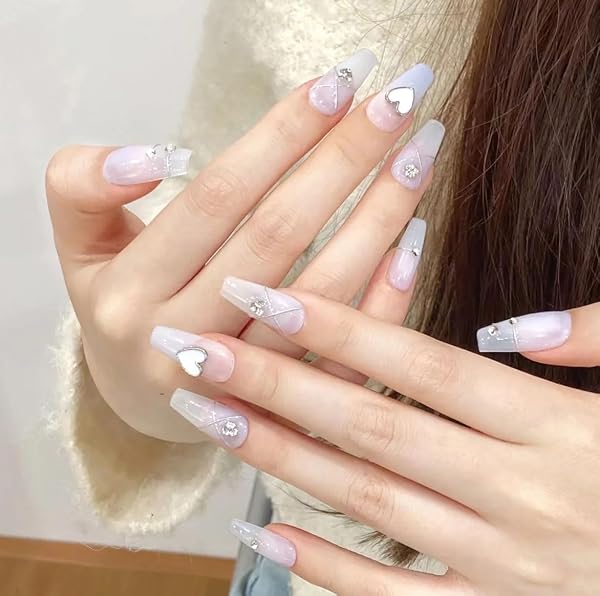 ネイルチップ 3D ロング 青 赤 ピンク 黒 人気 韓国 夏 青 春秋冬 ショート 付け爪 可愛い つけ爪 人気 3D おしゃれ 入学式 卒業式 成人式 結婚式 地雷系ラインストーンキャッツアイ 10枚入おしゃれ (402, S) - 4