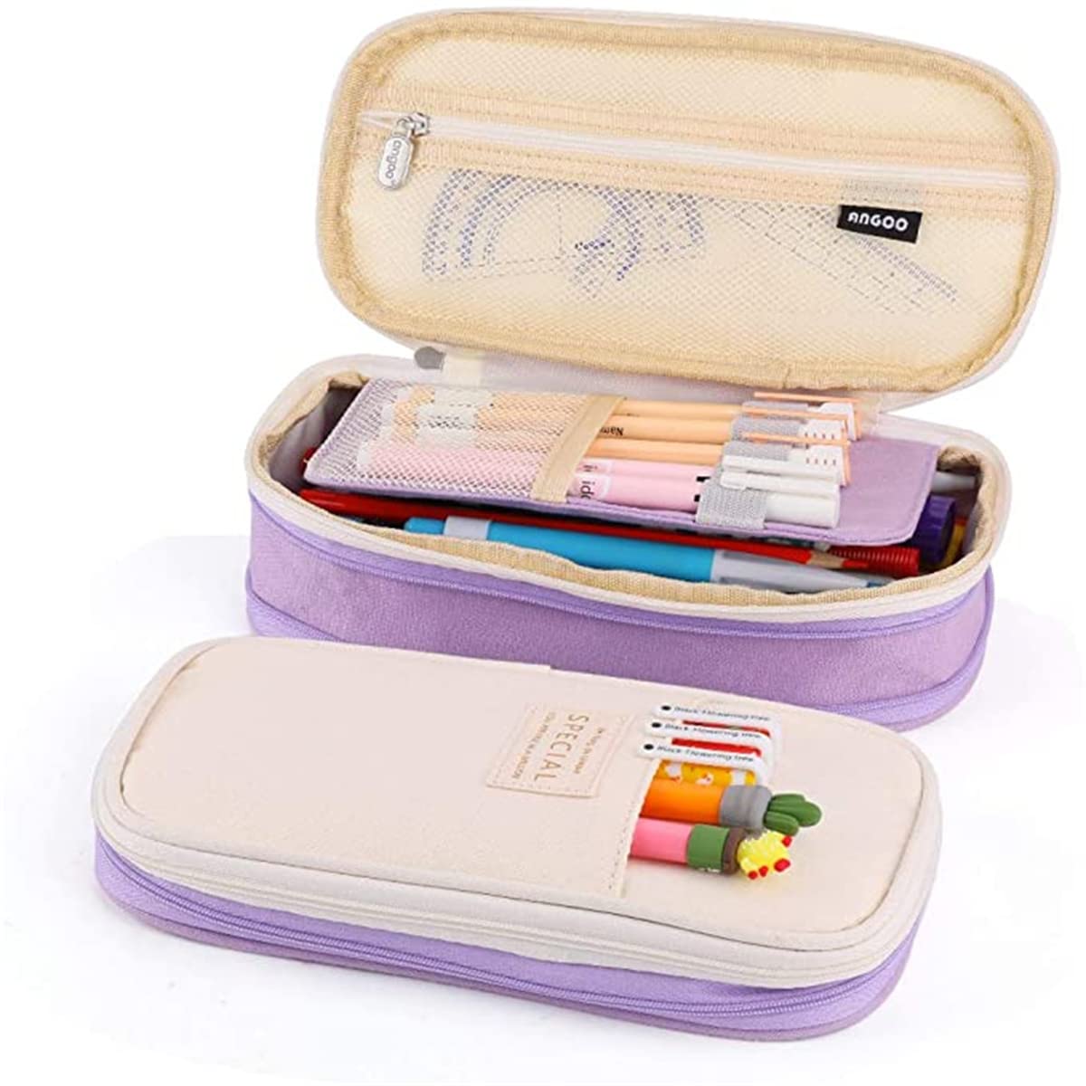 Large-Capacity Pencil Case, Multi-Slot Durable Double Zipper Pencil Case, Suitable for School or Office Storage Bag Unisex (Purple)