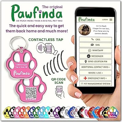 PAWFINDA – It’s The Quick and Easy Way to get Them Back Home and Much More… The Next Generation Personalised Dog Cat Pet ID Engraved Tag with CONTACTLESS and QR Code Technology. (Pink Paw)