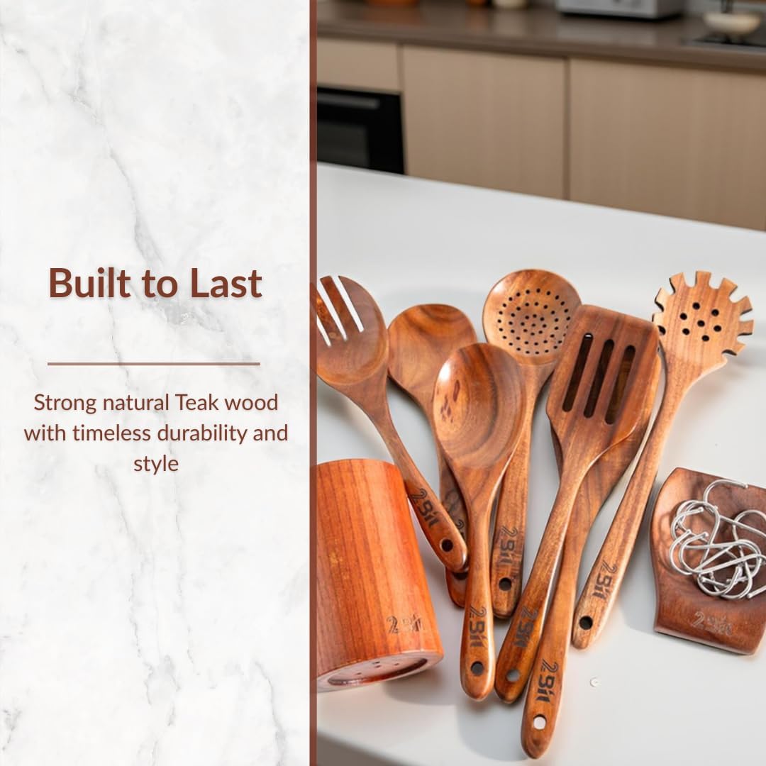 2Bitglobal Teak Wood Kitchen Utensil Set (9 Piece) – Wooden Spoons for Cooking & Spatula Set with Holder, Spoon Rest & Hooks – Premium Teak Wooden Cooking Utensils - Image 8