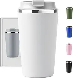 Copo Térmico Café - 510ml, Parede Dupla Isolamento Inox 304, Base Emborrachada, Quente 6 horas, Feito Para Viagem To Go (Branco)