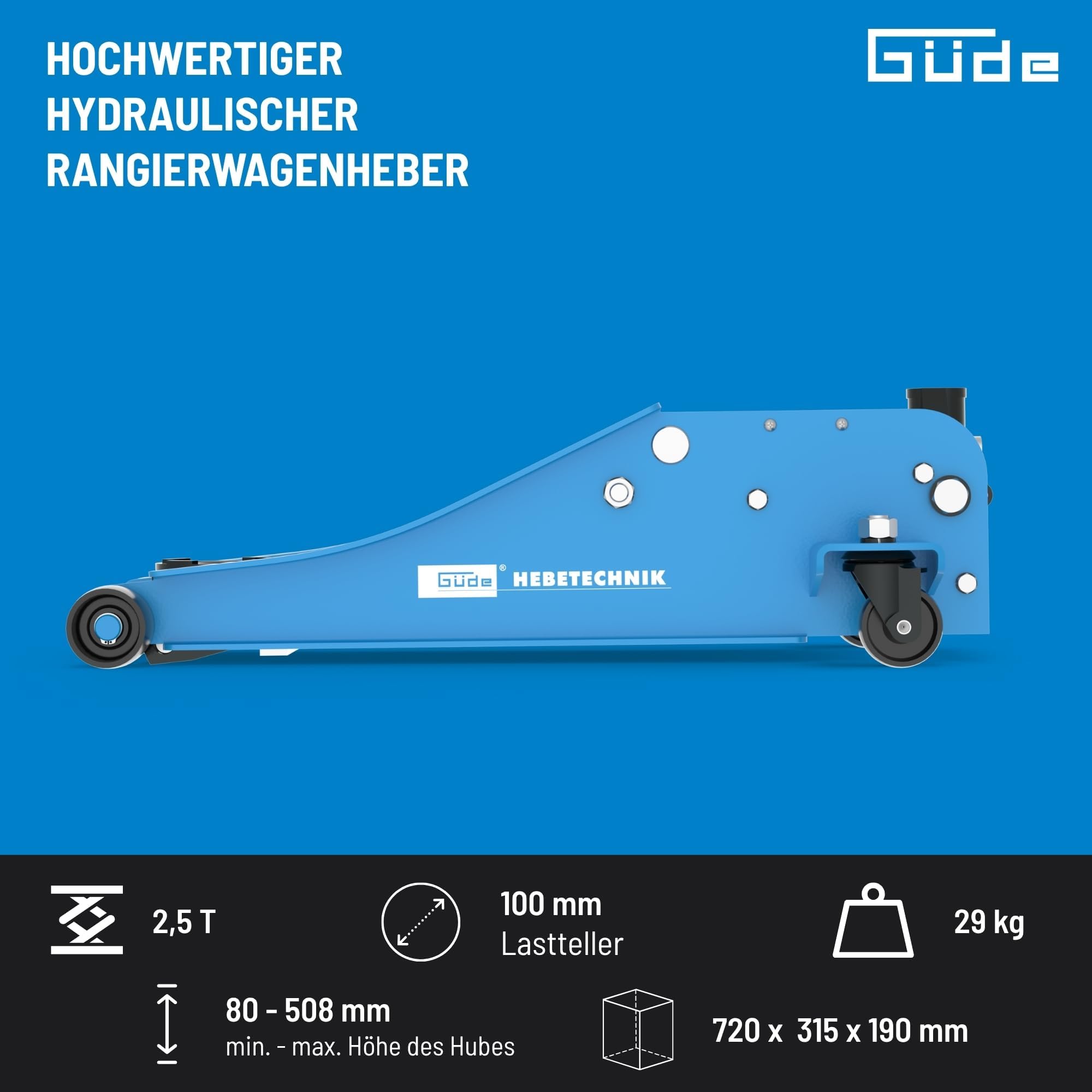 Güde GRH 2,5/510L Rangierwagenheber - 2,5 Tonnen Hubkraft, 10 Zentimeter Lastteller-Durchmesser, min. 8 bis max. 50,8 Zentimeter Hubhöhe, Doppelzylinder System, besonders niedrige Unterfahrhöhe