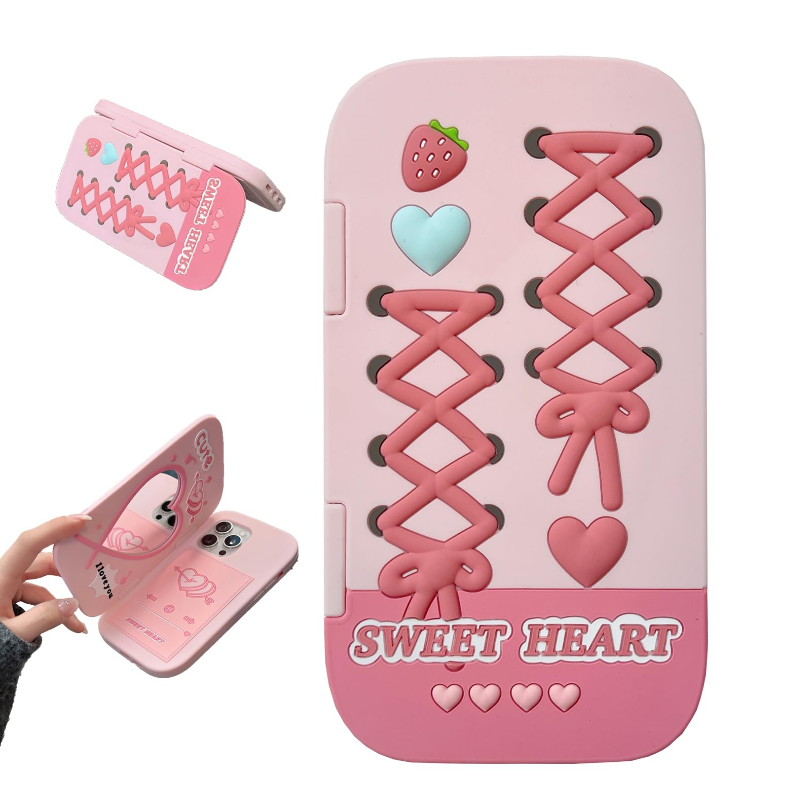 YAKVOOK Cute Silicone Case for iPhone 13/14/15 6.1''，Cool Fun 3D Cartoon Pink Bow Mirror Kawaii Phone Case Soft Rubber Bumper Funny Cover for iPhone