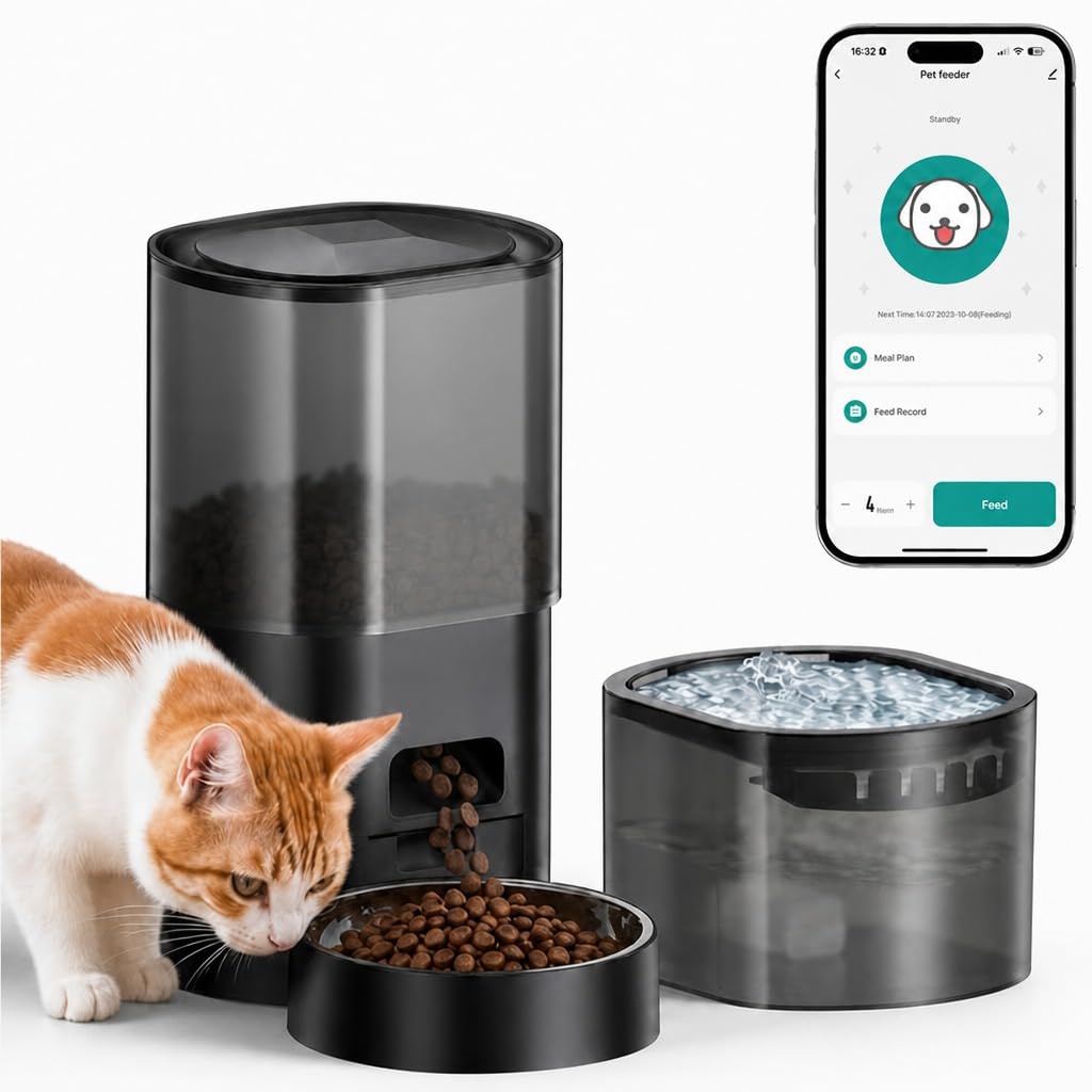 Photo 1 of Automatic Cat Feeder and Water Fountain 2-in-1, Smart Timed Cat Food Dispenser with 2.4G WiFi APP Control, Automatic Dog Feeder and Water Dispenser with 10s Voice Recorder for Cats Small Dogs