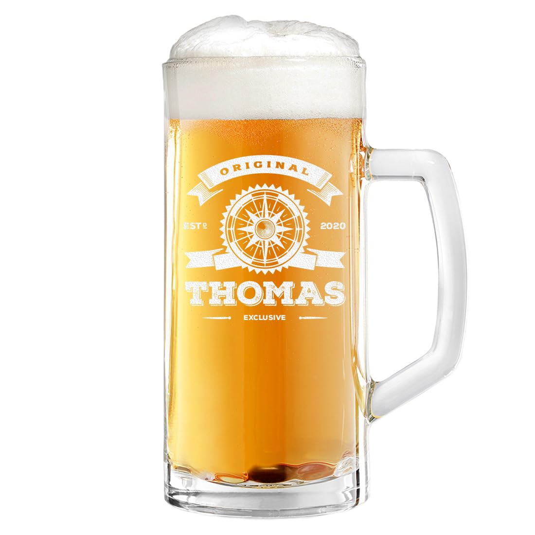 2-tlg Bier-Set 1x Bierkrug 0,5 L aus Glas und 1x Holzkiste mit Gravur - Geschenke für Männer - ideal zum Geburtstag und Jubiläum - 500 ml Bierseidel mit Füllstrich - perfekt für Papa und Opa