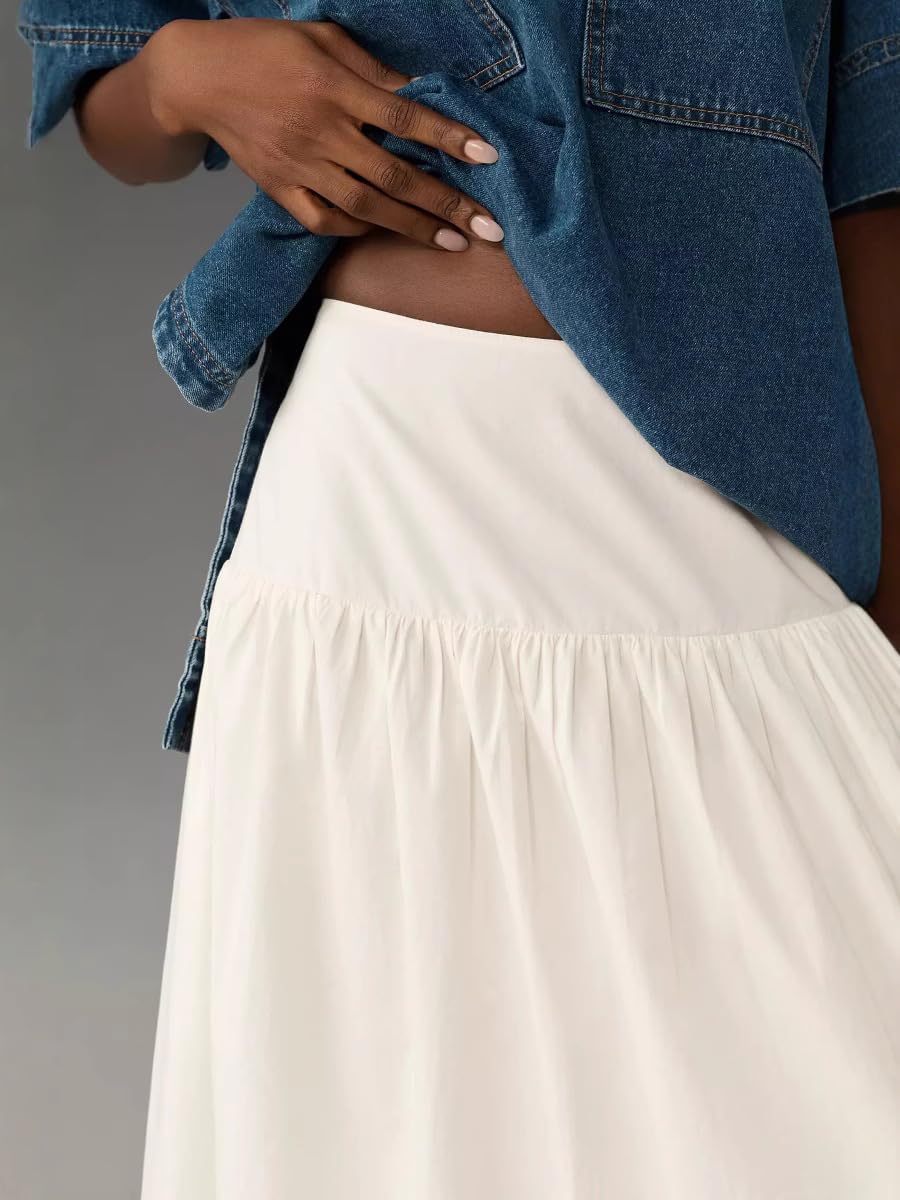 Gonne Lunghe Plissettate in Cotone per Donna, Elastiche Beige Vita Alta Patchwork Tasche Laterali Gonna A Trapezio con Festa Quotidiana Club Vacanza al Mare