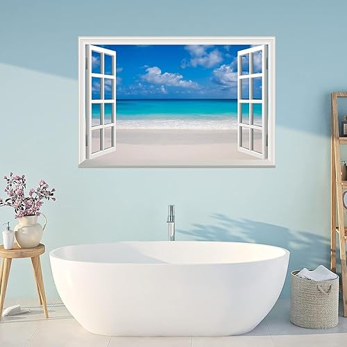 Miniatura 5 de Calcomanías de pared de ventanas falsas 3D con paisaje marino y playa, removibles, decoración de pared de paisaje para sala de estar y dormitorio