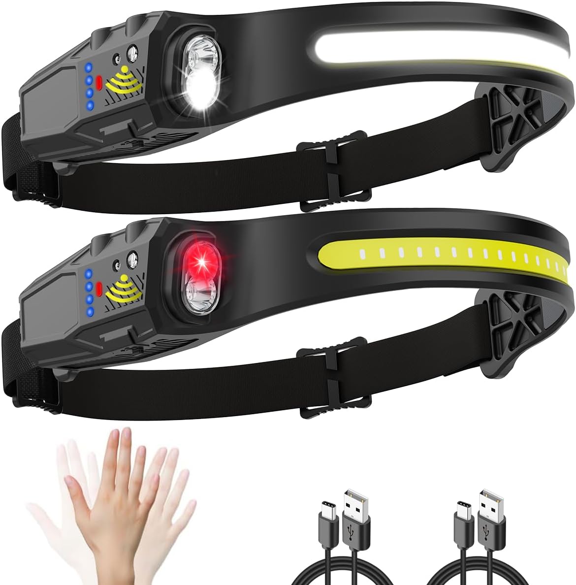 Headlamp Rechargeable 2Pack, 230° Wide Beam Head Lamp, LED Headlamp with Motion Sensor, 7Mode Head Lights for Forehead, Bright Headlamps for Adults, Red Light Headlight, Hard Hat Light, Camping Gear