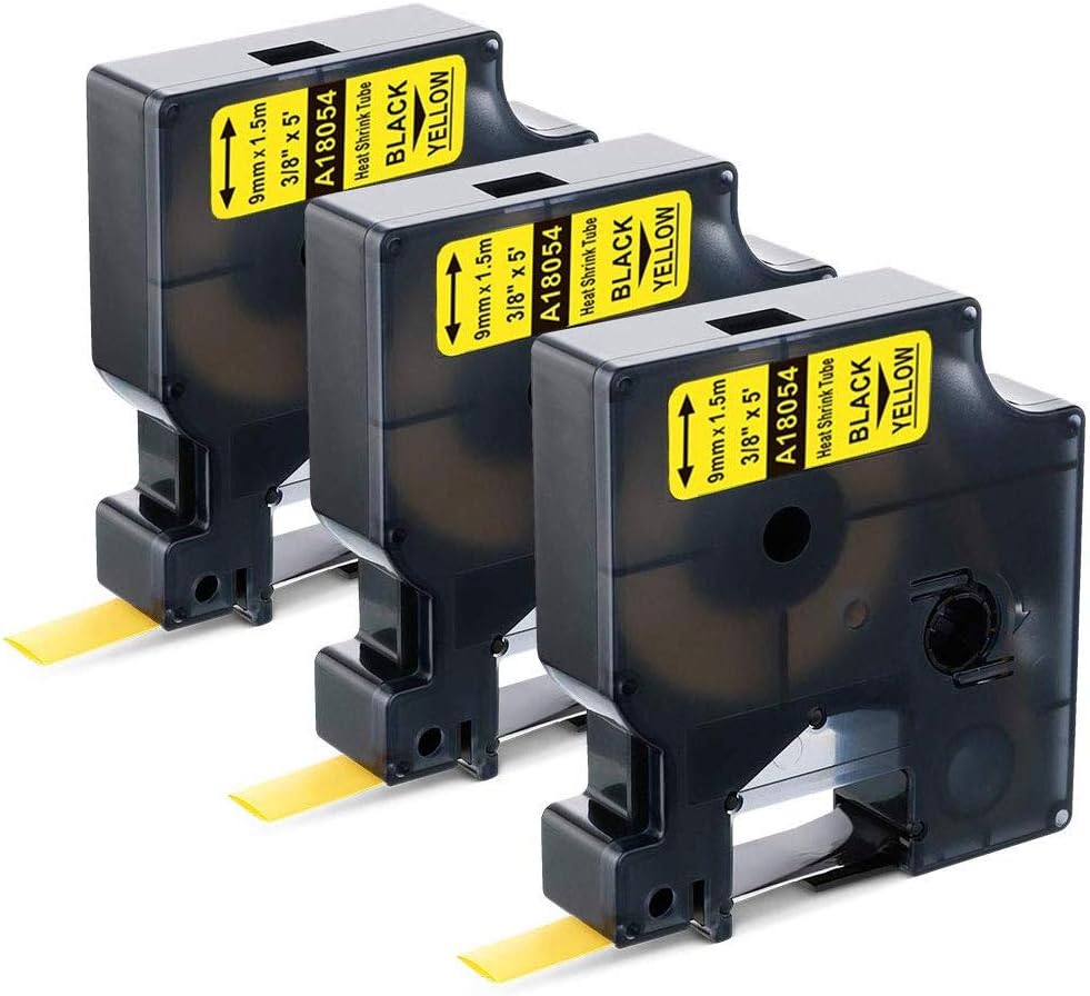 3 Pack Replace DYMO 18054 Rhino Industrial 3/8'' Yellow Heat Shrink Tubes for DYMO LabelWriter and Rhino 5200 4200 6000 Label Makers and More, Black on Yellow, 3/8 inch (9mm) x 4.9 feet (1.5m)