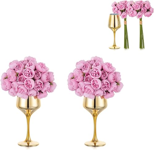 Miniatura 1 de NUPTIO Jarrones pequeños de vidrio con flores 2 juegos de jarrones dorados de 8.3 pulgadas con flores artificiales de color rojo rosa para centros