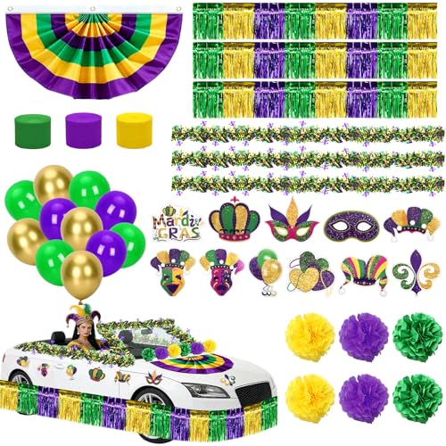 UPINS 57 Pcs Mardi Gras Float Decorations Kit for Parade Purple Green Gold Tinsel Fringe Streamers Bunting Flag  Mardi Gras Golf Cart Decorations Parade Supplies