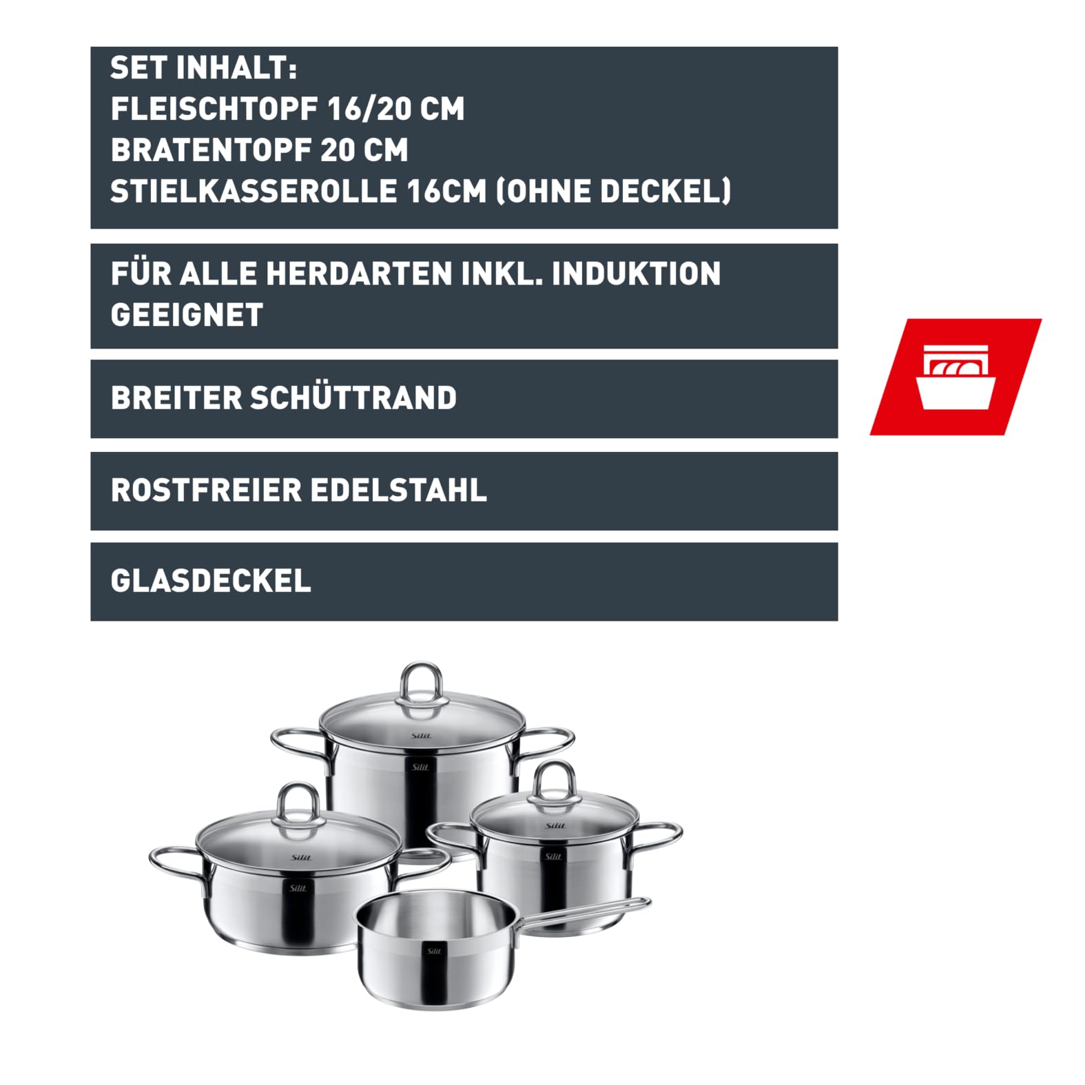 Silit Diamant Topfset Induktion 4-teilig, Kochtopf Set mit Glasdeckel, Edelstahl poliert, Induktions Töpfe Set unbeschichtet
