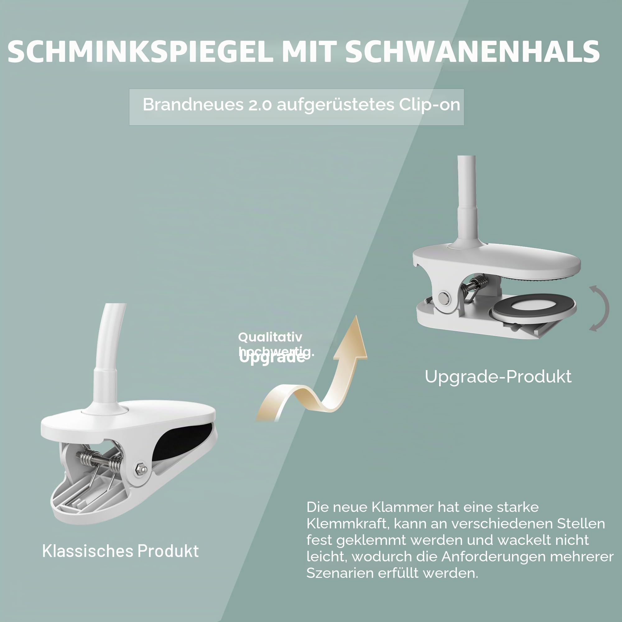 6.5" kosmetikspiegel mit Beleuchtung mit Schwanenhals, Flexibler Vergrößerungsspiegel mit LED Licht, USB wiederaufladbar Tisch rasierspiegel dusche, reisespiegel,Weiß(T03 10X)