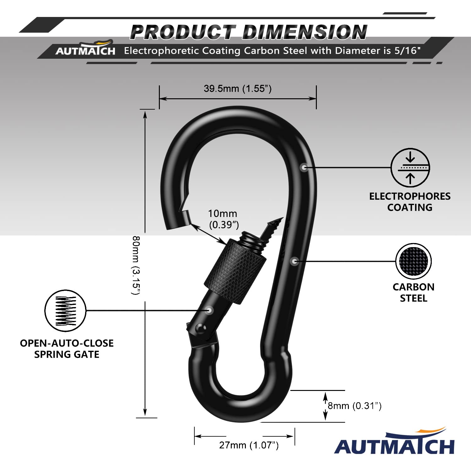 AUTMATCH Carabiner Clips, 3" Carbon Steel Spring Snap Hook Caribeener Clips Buckle Pack Grade Heavy Duty Carabiners Quick Link for Camping, Fishing, Hiking, Traveling, Locking Black, 4 Pack image_3