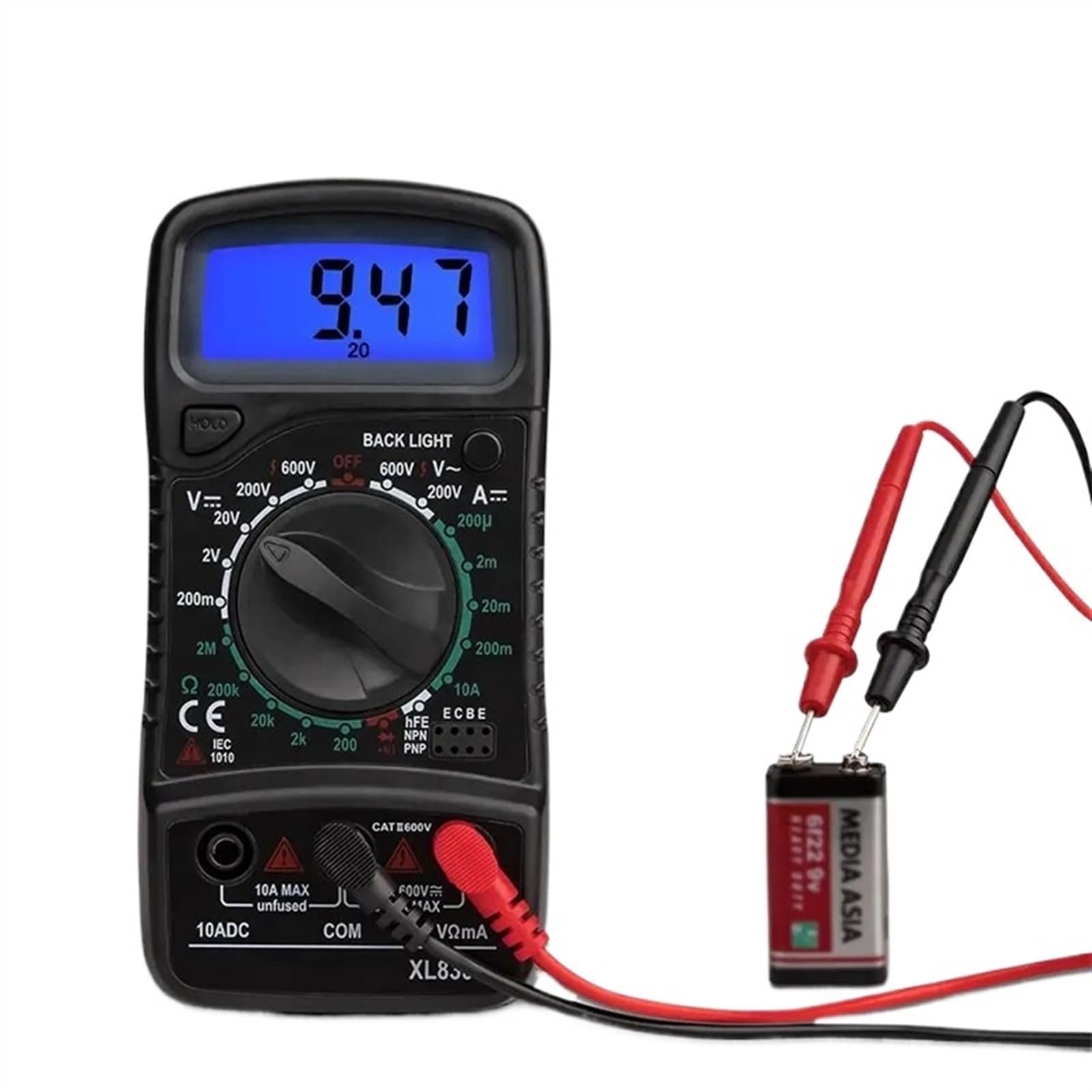 XL830L Digital Multimeter measuring a 9V battery, showing a reading of 9.47V.