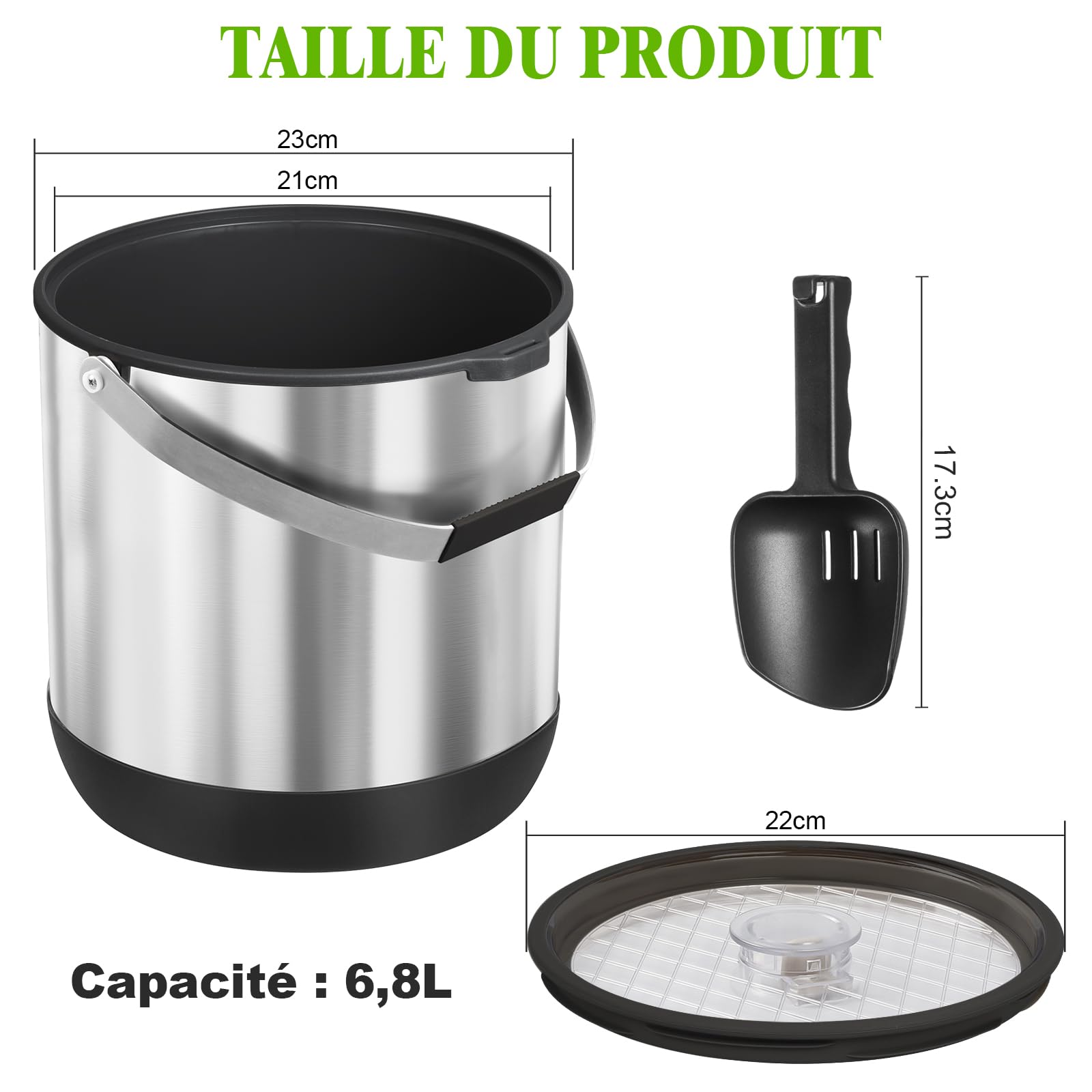 Seau a glacon en acier inoxydable de 6,8 litres avec couvercle et pelle, seau a glacon isotherme double paroi pour les bars à cocktails et les fêtes, sans BPA