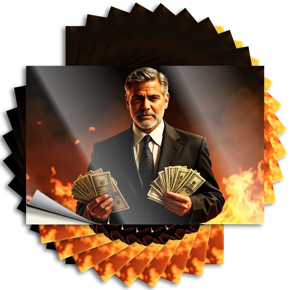 Bathroom Accessories Decor Sticker Window | A Man in A Suit Holds Fanned-Out Money Against A Fiery Background Fluffy Earth Sticker Pack(6X9CM)