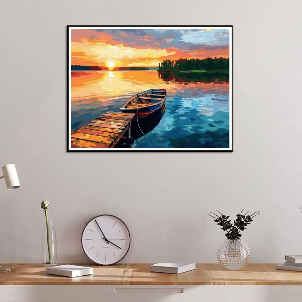 Kit Peinture Par Numéros QENSPE – Paysage Rivière Et Bateau – Toile 40x50 Cm – Pour Adultes Débutants – Peinture Acrylique Sans Danger