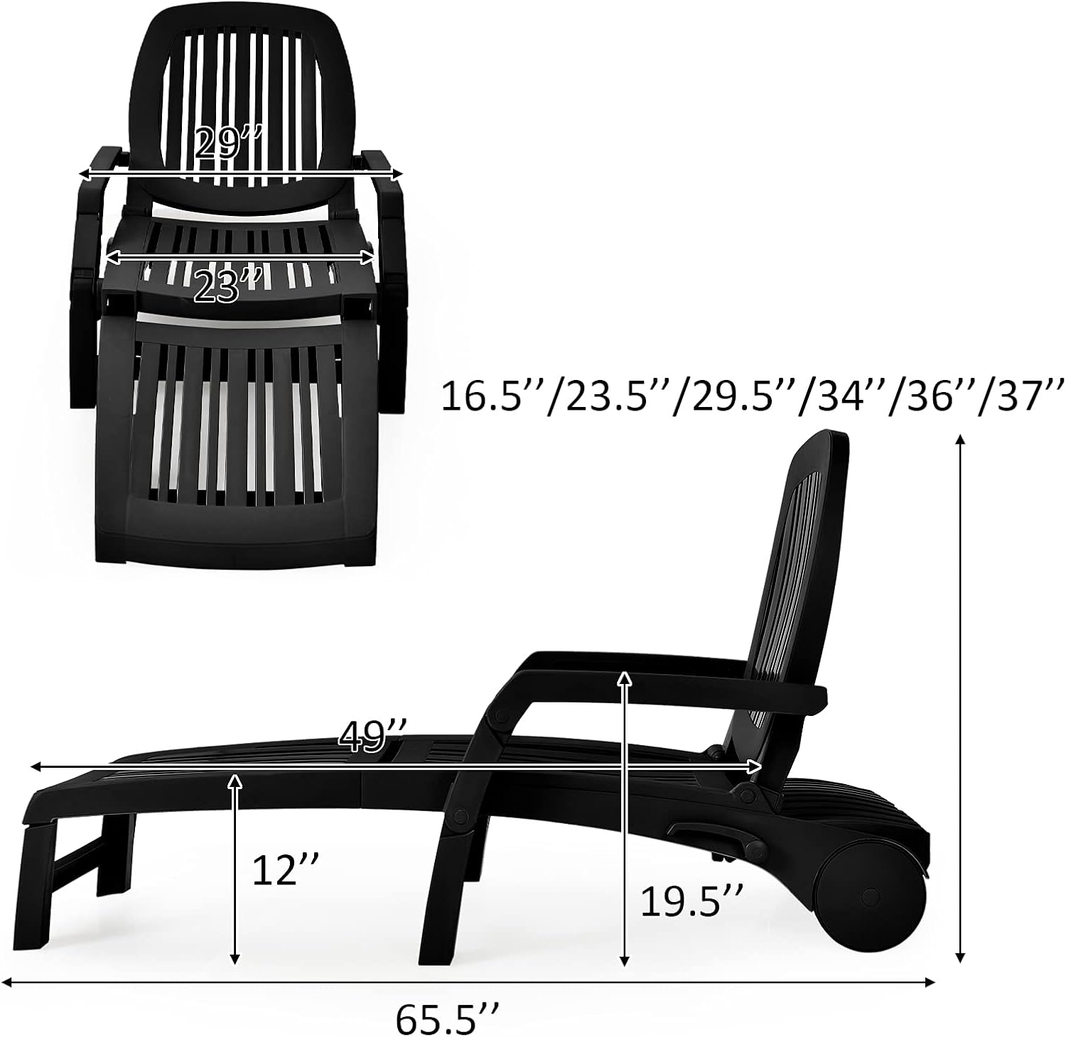 Giantex Chaise Lounge Outdoor, 6 Adjustable Backrests Lounge Chair Recliner, Outdoor Furniture for Patio Poolside Garden, Foldable Sun Lounger with Wheels (1, Black)
