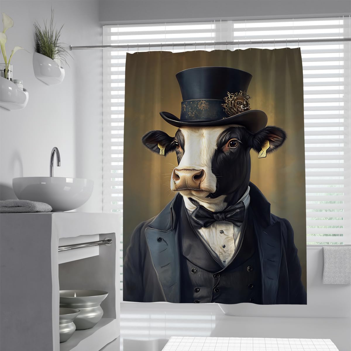 UIRINGART Funny Cow Shower Stall Liners W90xL180cm Quick Dry Mold Resistant Cute Cattle Gentleman Tuxedo Fabric Bathroom Screen With Hooks Washable Curtains