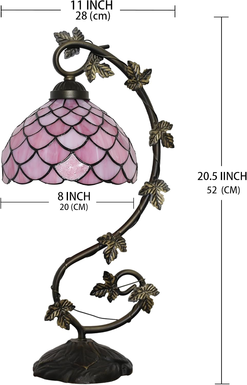 Tiffany Lamp Stained Glass Style Table Lamp 8 x 10 x 21” Pink Fishscale Bedside Reading Light with Arched Metal Leaf Base for Desk Bedroom Living Room Study