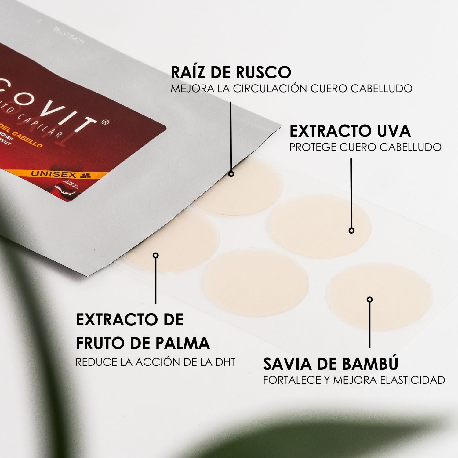 TricoVIT | Parches Anticaída Cabello Mujer, Frena la Caída en 28 días - Ingredientes Vegetales, Aumenta la Densidad y la Fuerza de tu Cabello, Apto para Hombre y Mujer (28 Parches)