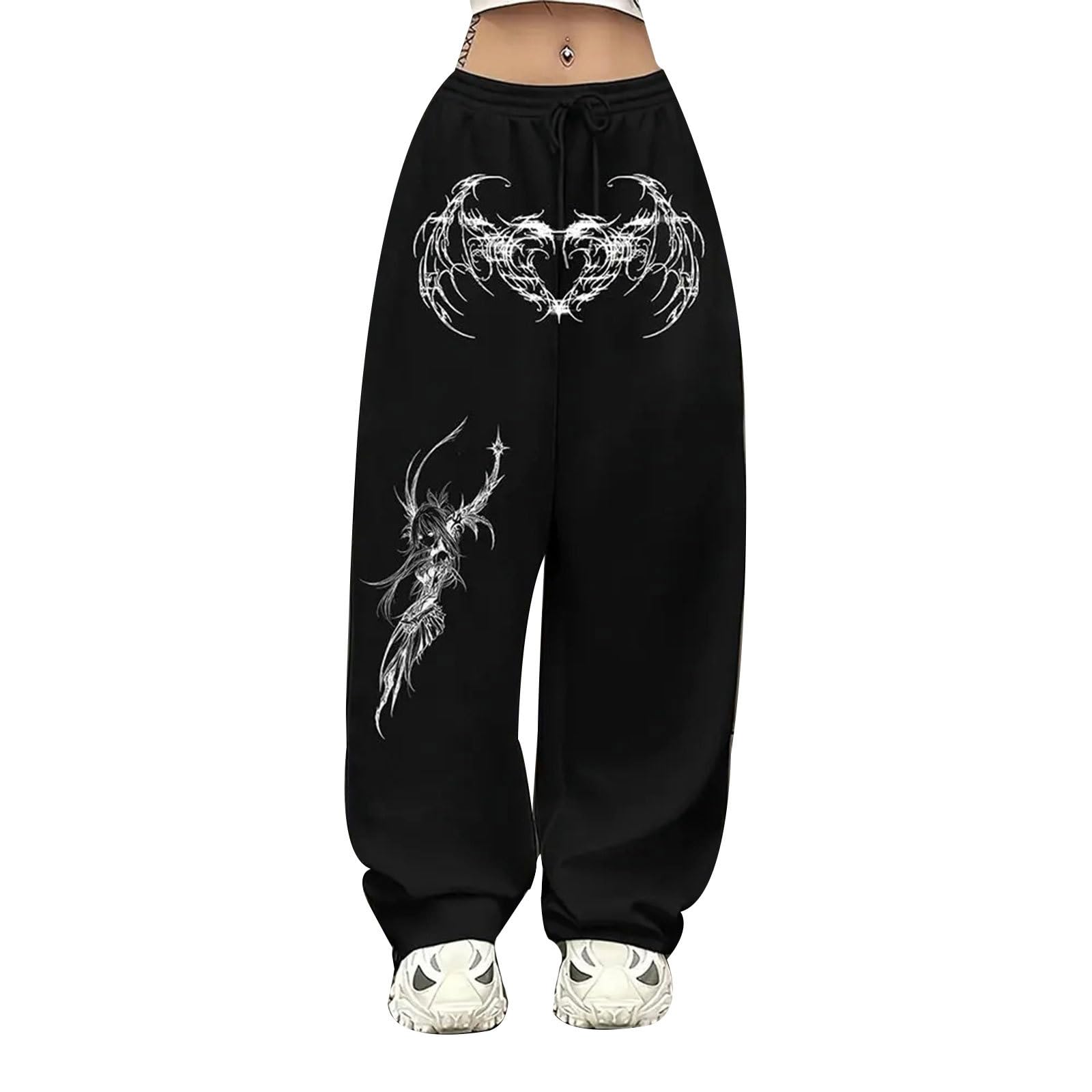 acsewater Women's Baggy Sweatpants Gothic Print Streetwear Sport Trousers Elastic Drawstring Wide Leg Trousers Punk Joggers Black