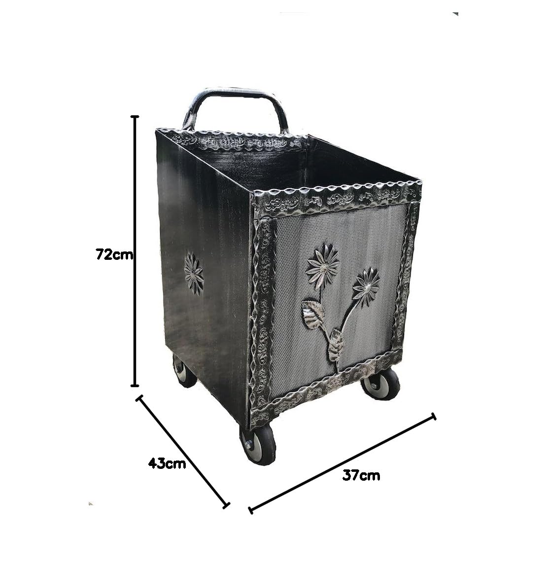 Carrello Porta Legna Ferro BATTUTO Nero/Grigio con Ruote CM 43X37X72H