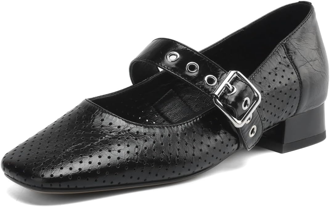 TinaCus Women's Square Toe Handmade Genuine Leather with Holes Strap Buckle Casual Flat Shoes