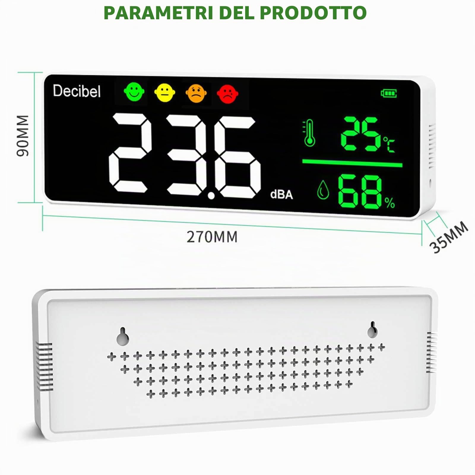 Fonometro 30~130dB 11" Display LCD Digitale Fonometro Professionale a Muro Misuratore di Livello Sonoro Decibel/Temperatura/Umidità con Allarme e USB Cavo per Casa Ufficio Scuola Bar Fabbrica
