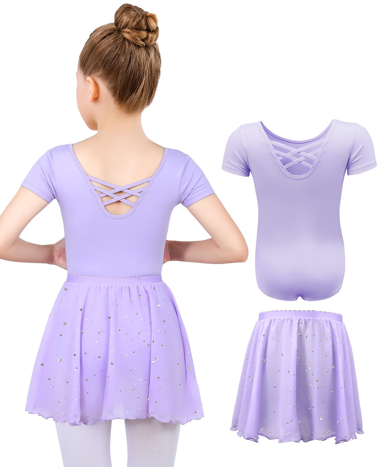Robe de Ballet Justaucorps Danse Fille Manches Courtes Justaucorps Gymnastique Fille en Coton avec Jupe Tutu en Mousseline De Soie 3-11 Ans