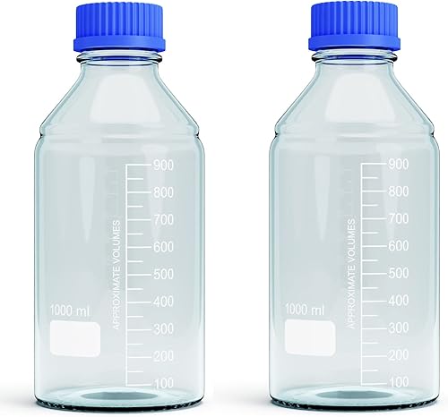 Botellas de vidrio de almacenamiento de 33.8 fl oz, 2 botellas redondas de almacenamiento de medios, botellas de vidrio de borosilicato, botellas de