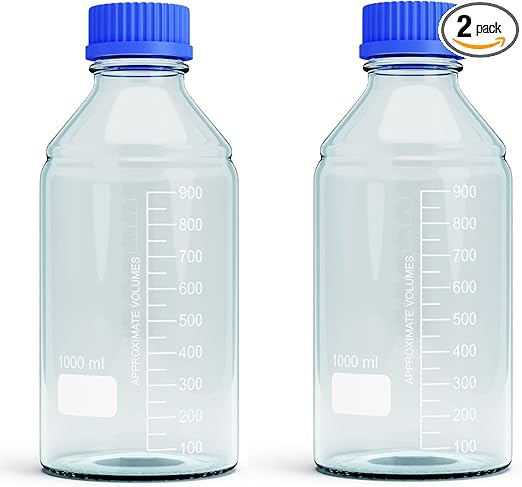 1000ml Storage Glass Bottles – 2pcs Round Media Storage Bottle – Borosilicate Glass Bottles – Safe Probe Storage Glass Storage Bottles with GL45 Blue Screw Cap (1000ml - 2pcs)