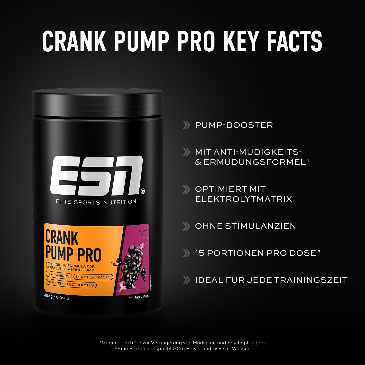 ESN Crank Pump Pro, Cassis, 450 g, Pre Workout Booster, für maximalen Muskelpump, Performance und Regeneration - made in Germany