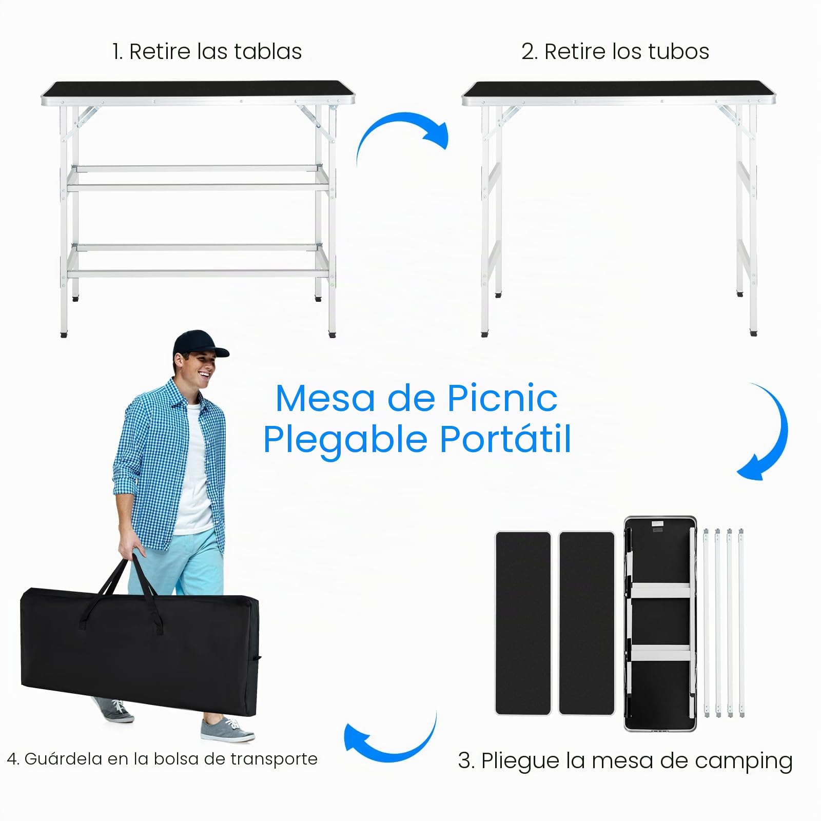 KOMFOTTEU Mesa de Camping Plegable, Mesa de Picnic de Tela con Marco de Aluminio, Armario de Almacenamiento de 3 Niveles con Bolsa de Transporte, Mesa para Barbacoa, Fiesta (Negro, 110 x 38 x 88 cm)