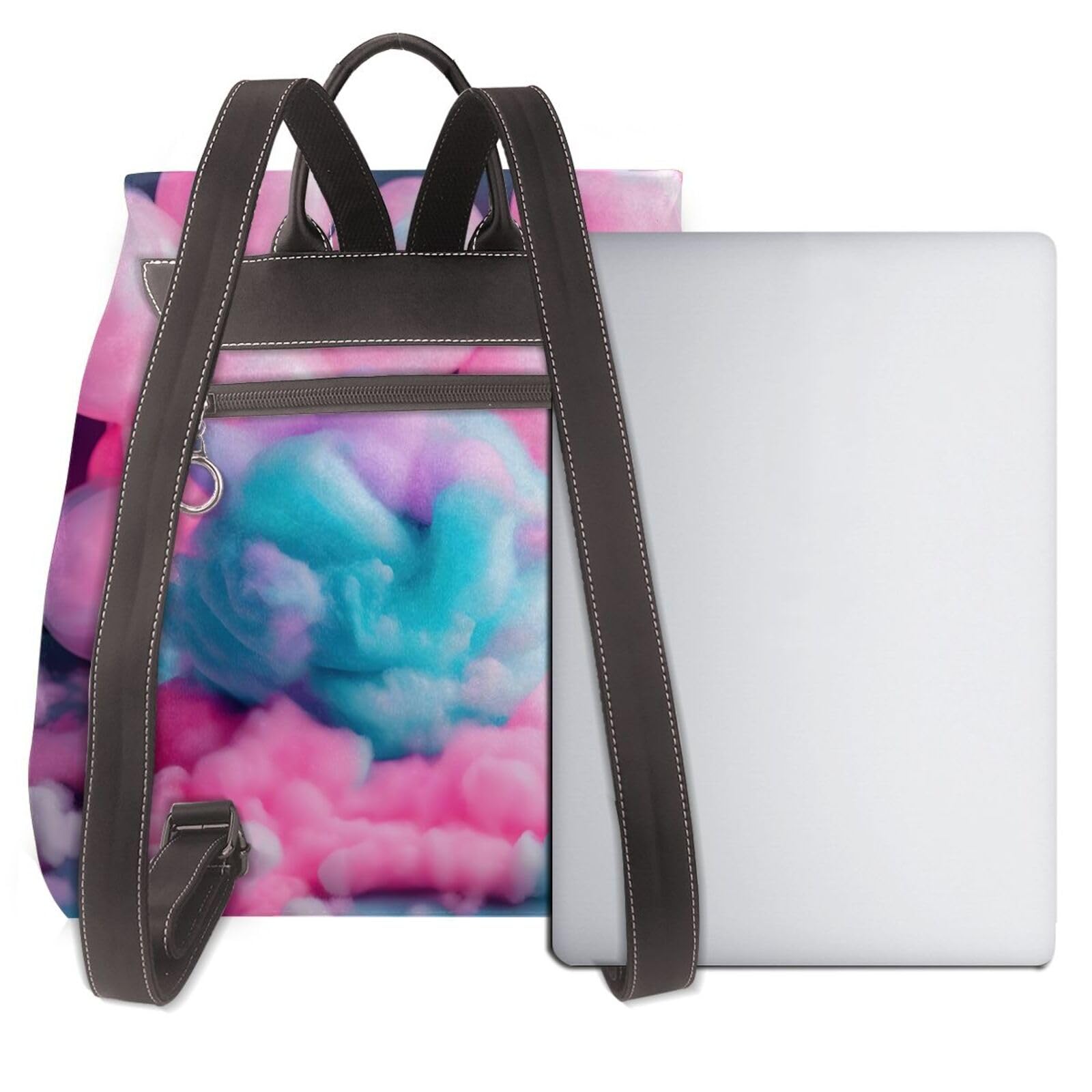 Sac à dos pour ordinateur portable en cuir avec imprimé barbe à papa rose, noir, One Size
