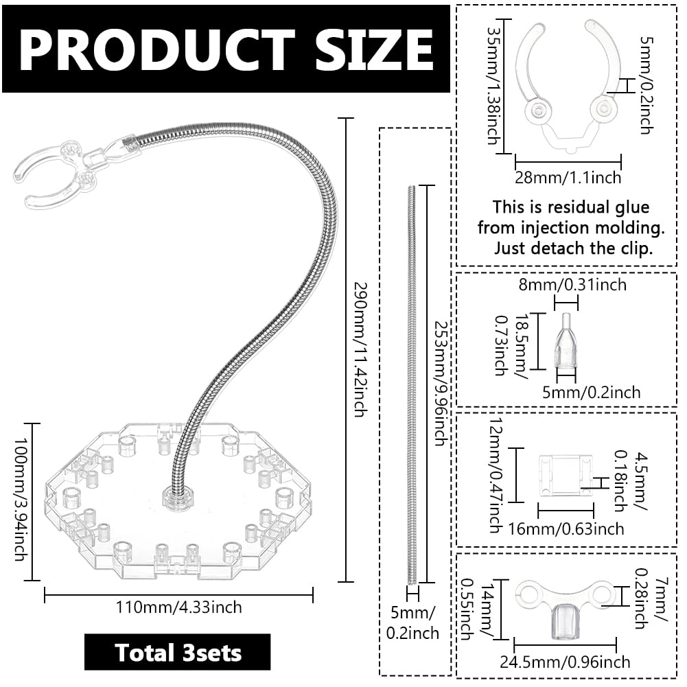 FINGERINSPIRE 3Pcs Adjustable Snake Bones Action Figure Stand Clear Assembly Action Figures Display Holder with Hexagon Base Plastic Model Support Stands Miniature Model Bases for HG RG SHF Figures - Image 2